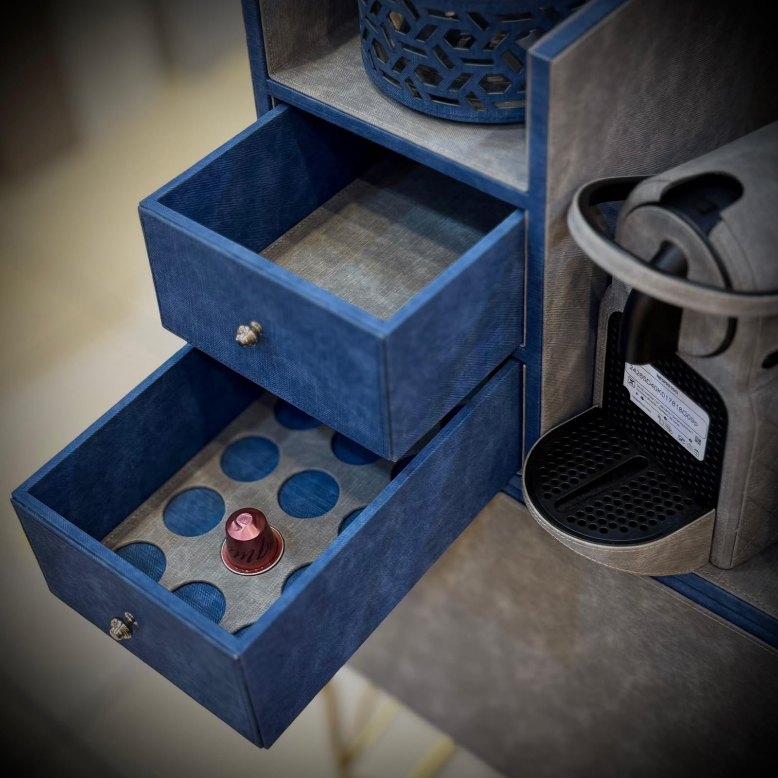 Blue Nashwa chest drawers and coffee machine